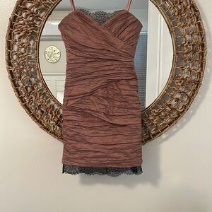 What a great dress to wear to a wedding.  Strapless BCBG shimmer rose with lace